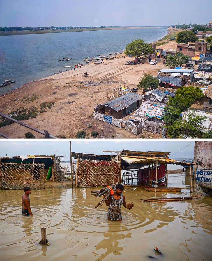 Trận lụt ở sông Ganges tại Allahabad đã khiến nhiều người dân mất nhà cửa.