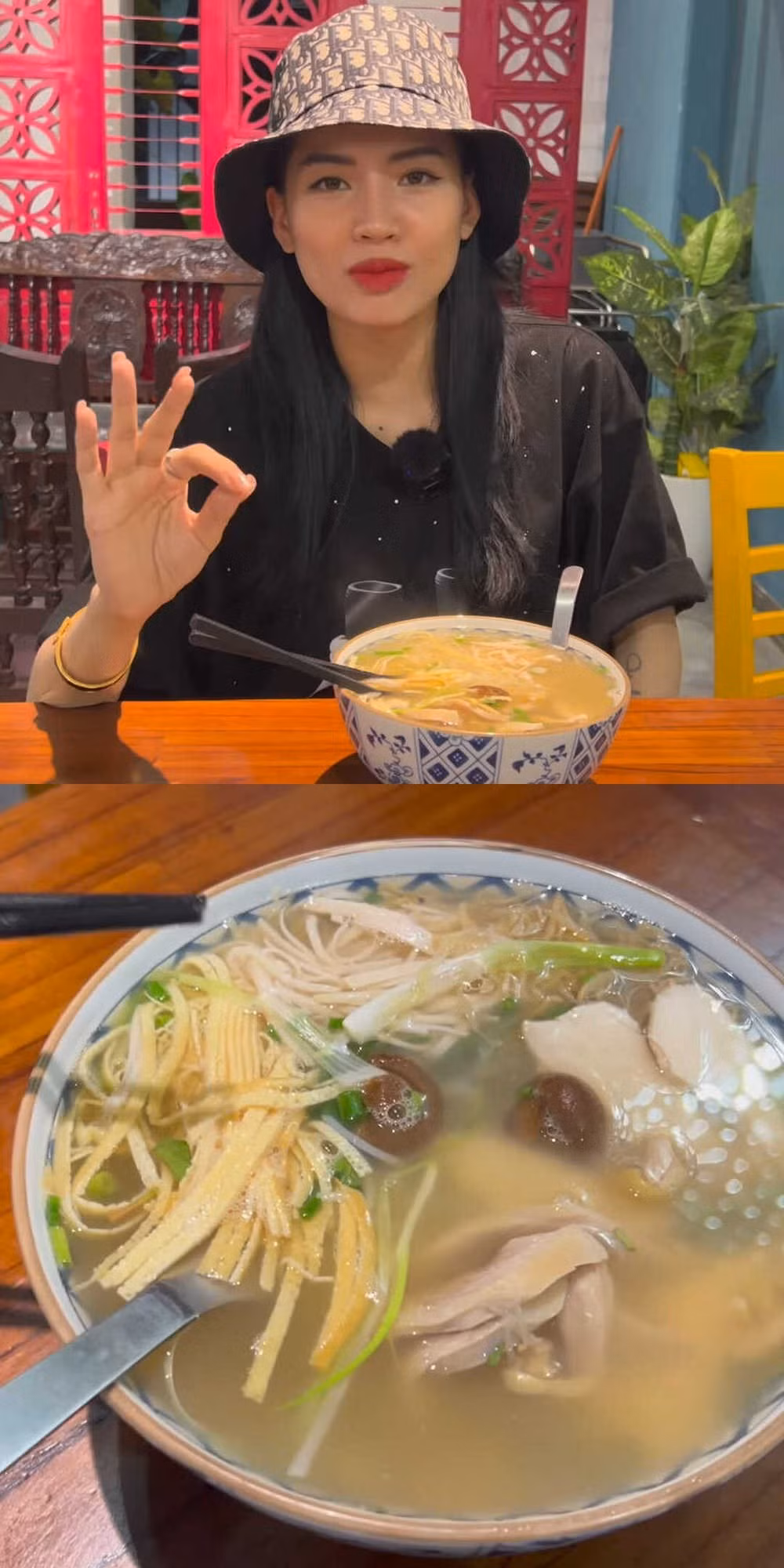 Cụ thể, khi đến quán của Long Chun, Hà Linh đã gọi đầy đủ các món như bún thang, xôi, súp cùng 2 loại nước uống "best seller". Sau khi ăn thử, cô nàng không ngần ngại dành nhiều lời ngợi khen cho món bún và xôi.