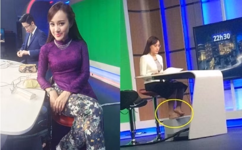 BTV Hoài Anh mỗi lần lên sóng chỉn chu nhưng phần thân dưới cô lựa chọn diện trang phục thoải mái, hoặc đi chân trần để thuận tiện cho người mặc