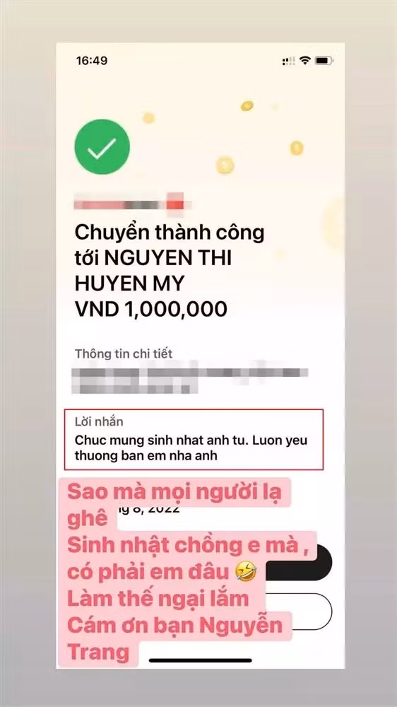 Trong chia sẻ của gái xinh Huyền My thì mẹ cô cũng chuyển tiền mừng sinh nhật con rể với lời nhắn: "Mẹ Huyền chúc mừng sinh nhật bé Tú nha".