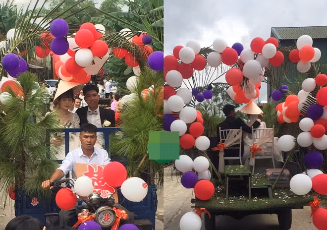 Chiếc xe ba bánh được thiết kế tỉ mỉ từ những thứ dân dã như: lá thông, lá dừa, bóng bay, chữ hỷ… tạo thành xe hoa độc đáo.