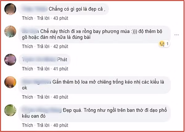 Ngay sau khi xuất hiện trên mạng xã hội, anh chàng độ xe đã khiến cho cộng đồng mạng được phen cười đau bụng. Thậm chí có bình luận cho biết, thêm bộ kèn trống và vòng hoa là đủ combo "hoá kiếp".