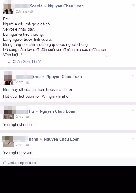 Từ đêm qua, rất nhiều bạn bè, người thân, cư dân mạng đã tìm đến trang cá nhân của chị Châu Loan để viết những lời tiễn biết cuối cùng. Hiện tại vẫn có rất nhiều người chưa tin vào sự thật rằng chị Châu Loan đã ra đi. Cách đây không lâu, chị Loan có để lại trên Facebook một dòng status khiến nhiều người tạm yên tâm, nghĩ rằng chị Loan sẽ cố gắng, có thêm nghị lực để đương đầu với bệnh tật.