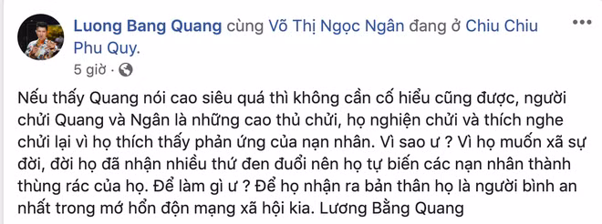 Cách đây ít ngày, hàng loạt diễn đàn về hội nhóm showbiz rầm rộ trước việc hot girl Ngân 98 - bạn gái Lương Bằng Quang đá đểu Ngọc Trinh. Cụ thể, cô lên tiếng phủ nhận tin đồn cặp kè đại gia lấy tiền bằng cách đưa ra hàng loạt dẫn chứng.