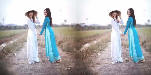 Không chỉ xuất hiện một mình, hot girl sinh năm 2000 còn rủ cả cô bạn thân Chaleeda Gilbert, diện áo dài chung với mình.