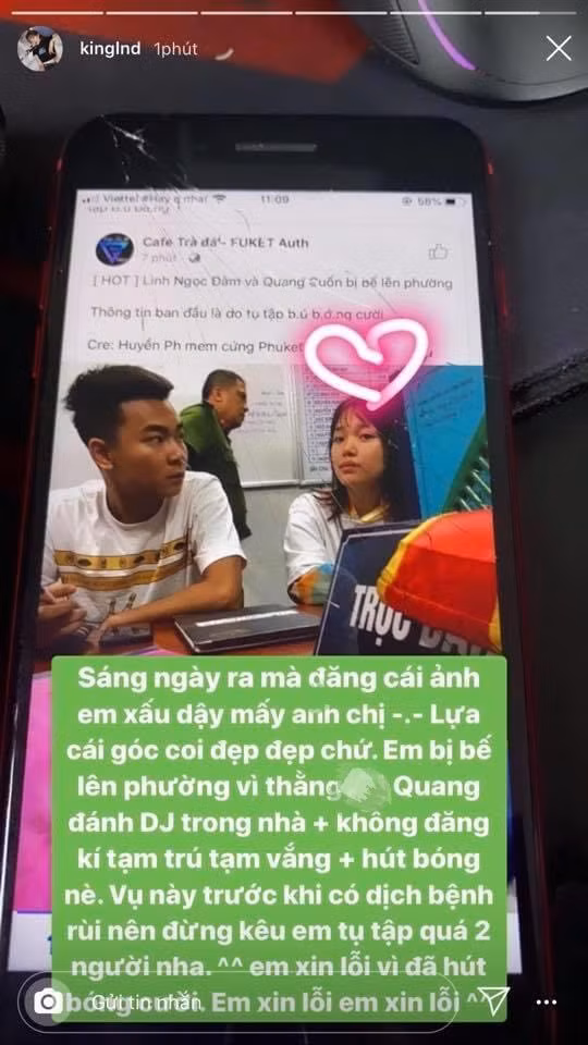 Ngay lập tức, nữ streamer Linh Ngọc Đàm đã lên tiếng giải thích trên trang cá nhân. Cô nàng cho biết đúng là bản thân và Quang Cuốn có bị mời lên phường làm việc thật. Nhưng do lỗi quên chưa đăng kí tạm trú tạm vắng, bật nhạc to và hút bóng cười. Thế nhưng, sự việc đã xảy ra khá lâu rồi, từ trước khi bùng dịch COVID-19.