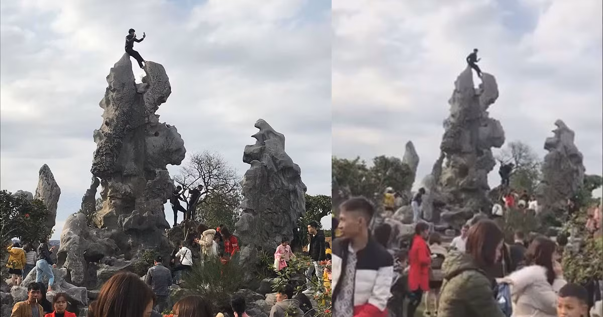 Cũng trong dịp đầu xuân năm mới này, một nam thanh niên trèo hẳn lên khối đá thẳng đứng đặt trong chùa để chụp ảnh khiến nhiều người vô cùng bức xúc vì vừa gây mất mĩ quan lại cực kỳ nguy hiểm. Đáng buồn hơn nữa, phía sau nam thanh niên là đám đông nhốn nháo cũng đang muốn trèo lên để chụp ảnh.