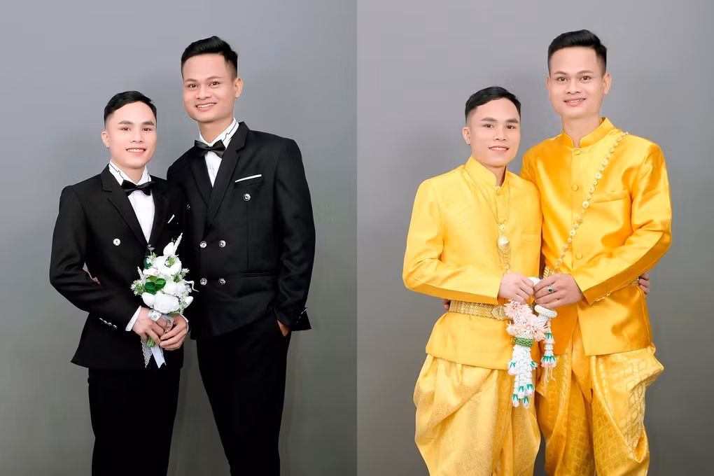 Ảnh cưới của cặp đôi trong trang phục truyền thống của dân tộc Dao.