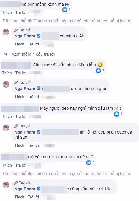 Bên dưới phần bình luận, nhiều bạn bè, người quen của Mina Phạm cho biết cô nàng không hề xấu, "Chị ước chị xấu như em", "Người đẹp hay nghĩ mình xấu lắm",...thế nhưng vợ Minh Nhựa vẫn một mực khẳng định bản thân sở hữu nhan sắc kém xinh.