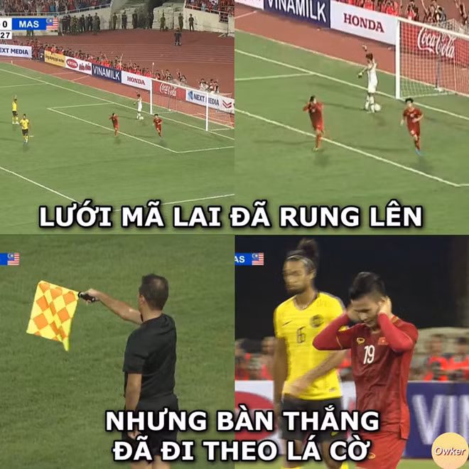 Dù đã làm rung lưới Malaysia nhưng bàn thắng của Quang Hải lại cuốn bay theo lá cờ của vị trọng tài biên khi ông này bắt lỗi việt vị. Ảnh: Fandom Owker.