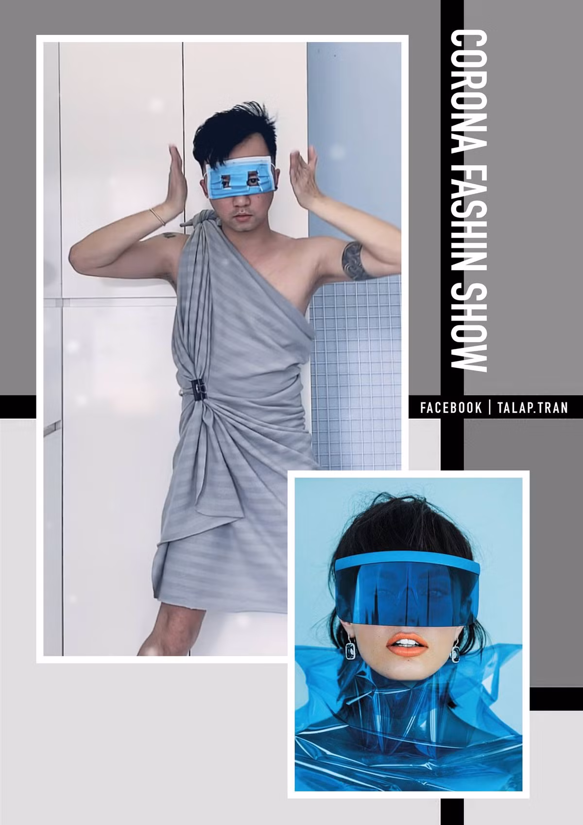 Trong đoạn video đăng tải trên mạng xã hội, anh chàng một mình trình diễn show thời trang mang tên "Corona Fashion Week". Show diễn cũng được "đầu tư" khá đơn giản chỉ vỏn vẹn một chiếc chăn nhỏ và khẩu trang.