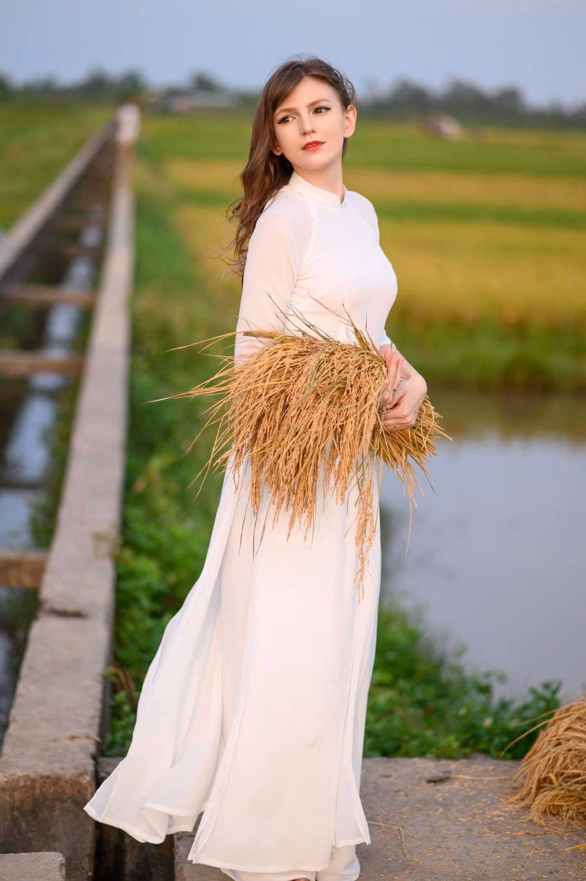 Alexandra Rud xinh đẹp trong tà áo dài trắng Việt Nam giữa khung cảnh đồng lúa.
