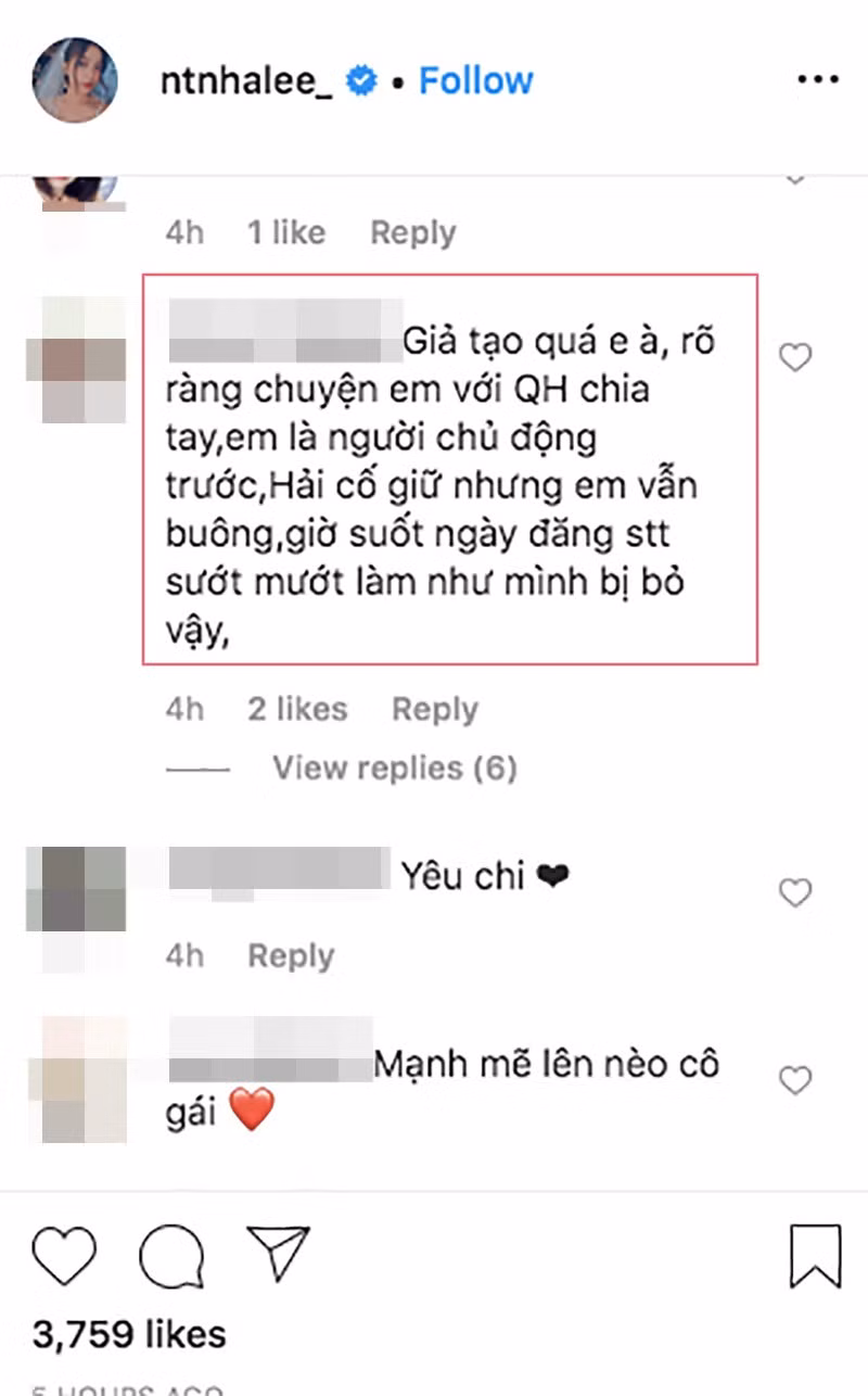 Về phía Nhật Lê, cô nàng liên tục đăng tải những dòng trạng thái đau buồn, thể hiện sự tiếc nuối với những chuyện đã xảy ra. Nhiều lần, bạn gái cũ Quang Hải bị người hâm mộ và bạn bè "bóc phốt" cho rằng cố tình tỏ ra đáng thương trong khi cô là người đòi chia tay.