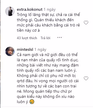 "Trông lố lăng thực sự, chả ra cái thể thống gì. Quán thiếu khách đến mức phải câu khách bằng cái trò rẻ tiền này cơ à" - Một chủ tài khoản bình luận dưới bài đăng
