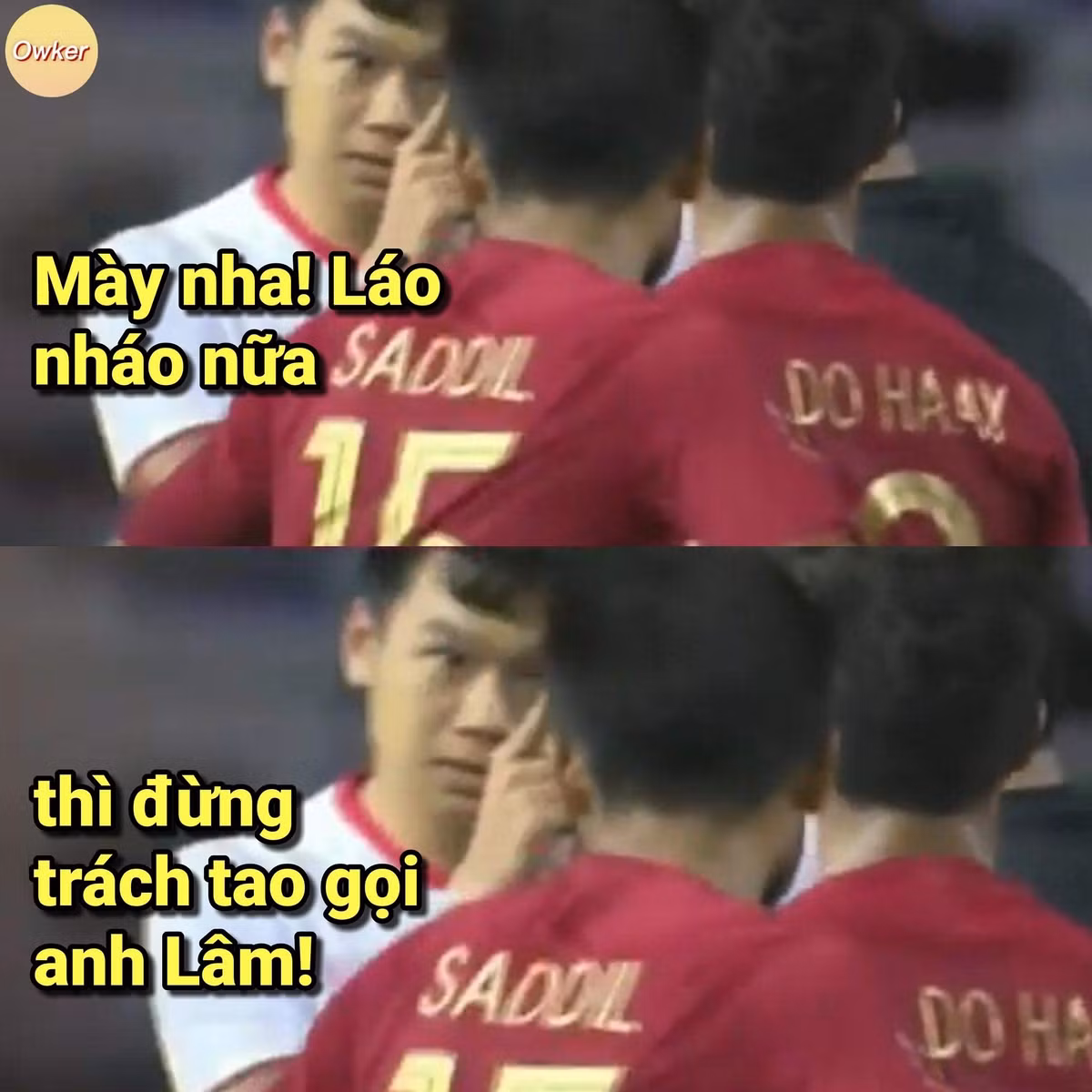 Thành Chung có pha va chạp cực gắt với các cầu thủ đội bạn. Hình ảnh chỉ tay cảnh cáo đối thủ khiến người hâm mộ nhớ đến Trọng "sơ vin".