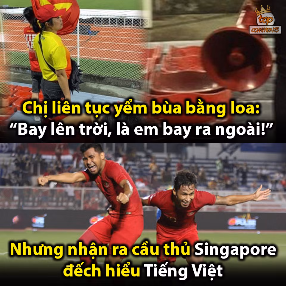 Cổ động viên Việt Nam vô cùng hài hước khi mỗi lần các cầu thủ Singapore có bóng đều hát vang "Bay lên trời là em bay ra ngoài". Có lẽ đây chính là câu thần chú khiến các cầu thủ của quốc đảo Sư Tử không thể ghi bàn chăng?