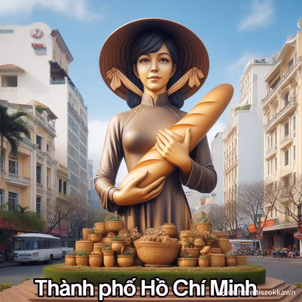 Thành phố Hồ Chí Minh hoa lệ được AI lựa chọn hình ảnh người phụ nữ mặc áo dài ôm chiếc bánh mì làm chủ đạo, ở dưới là đặc sản của các vùng miền khác nhau.