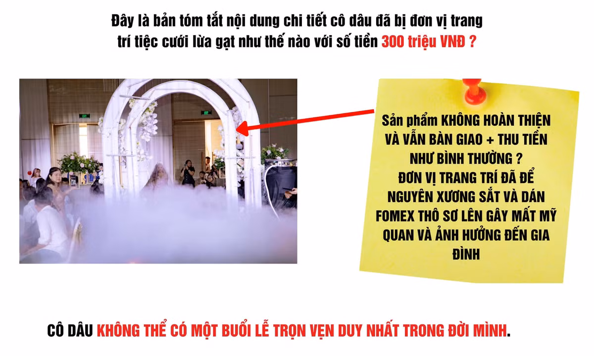 Việc thỏa thuận hợp đồng, lên phương án thiết kế, chốt phương án thực hiện được hai bên làm việc từ ngày 21/1. Gần đến ngày lễ, 6/4, phía trang trí tiệc cưới cũng không trực tiếp qua làm việc để nắm rõ không gian dựng khung rạp. Đồng thời, cô dâu cũng đồng ý bỏ ra số tiền lớn để chốt 2 bó hoa cầm tay là hoa nhập.