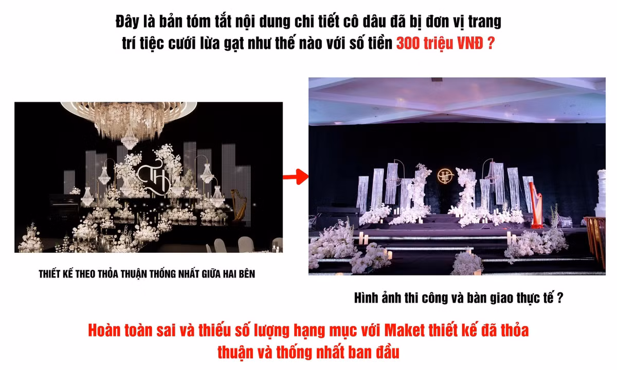 Đám cưới được tổ chức tại trung tâm tiệc cưới vào ngày 20/4, cách giờ tổ chức 10 tiếng bên trang trí nhận sảnh và bắt tay vào decor. Tuy nhiên lúc này bên đơn vị trang trí lại báo không làm giống thiết kế được vì phía nhà hàng không đồng ý, dù nàng dâu đã cho phương thức liên hệ của bên tổ chức lễ cưới trước để đơn vị trang trí trao đổi.