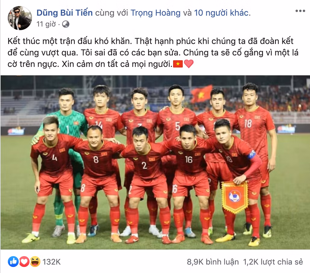 Khi trận đấu kết thúc, thủ môn thuộc biên chế CLB Hà Nội đã lên Facebook gửi lời cảm ơn tới đồng đội và người hâm mộ đồng thời nhận lỗi sai về mình. Anh cũng cho biết sẽ cố gắng hết sức vì lá cờ trên ngực áo.