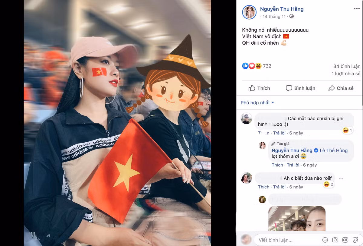 Trước đó, Thu Hằng nhiều lần tới sân vận động Mỹ Đình để cổ vũ tinh thần cho đội tuyển Việt Nam nói chung và Quang Hải nói riêng.