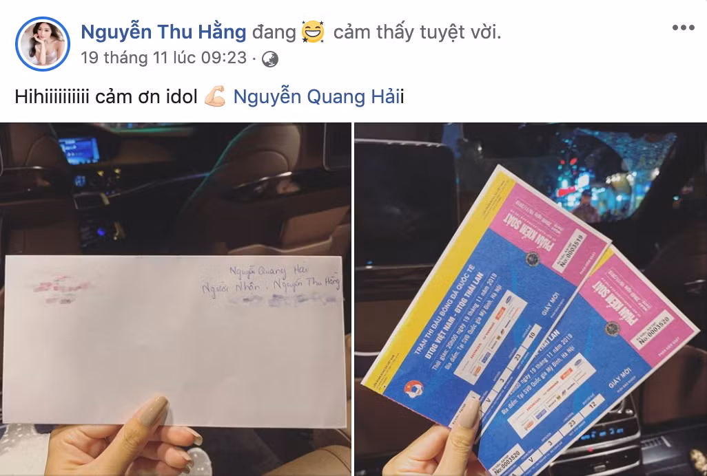 Trước đó, trên trang cá nhân của Thu Hằng chia sẻ hình ảnh hai chiếc vé xem trận Việt Nam - Thái Lan. Được biết hai tấm vé này được đích thân Quang Hải gửi tặng.