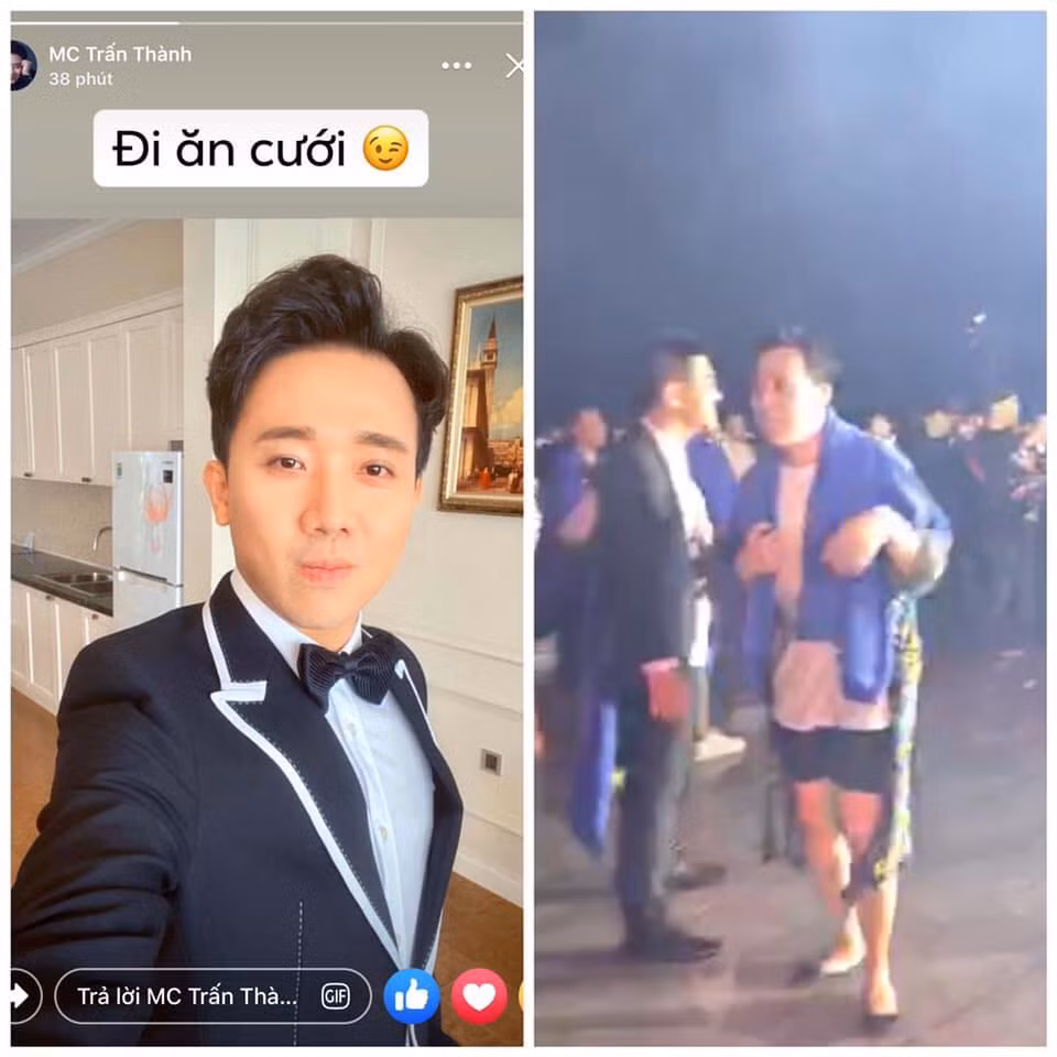 Trấn Thành khi chuẩn bị đi tiệc thì bảnh bao, lúc vui chơi thì lại lôi thôi, luộm thuộm với áo phong trắng, quần đùi, đầu tóc ướt nhẹp.