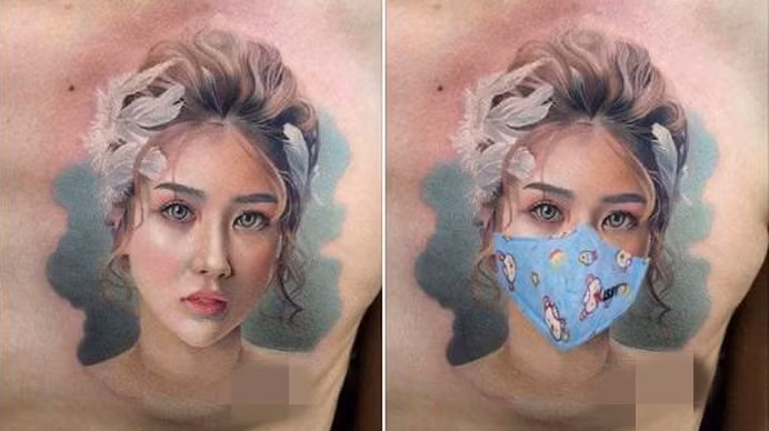 Cô gái đang xinh đẹp bất ngờ bị che mặt bằng chiếc khẩu trang từ trên trời rơi xuống.