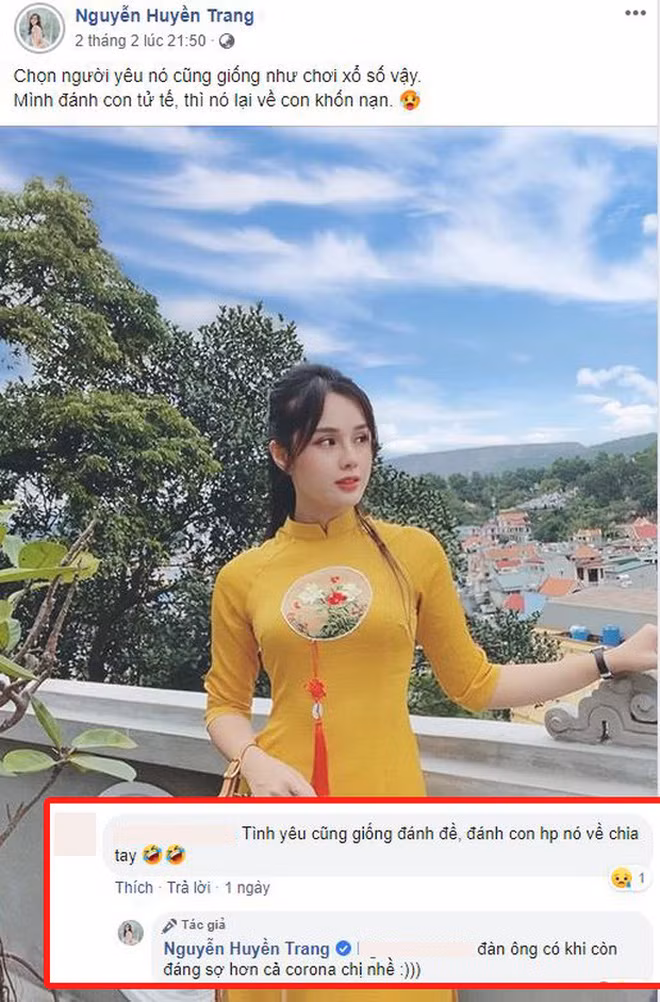 Không chỉ có vậy, trên trang Facebook cá nhân, Huyền Trang còn đăng tải trạng thái đầy ẩn ý: "Chọn người yêu cũng như chơi xổ số" và tuyên bố đàn ông đáng sợ hơn cả virus corona ở dưới phần bình luận.