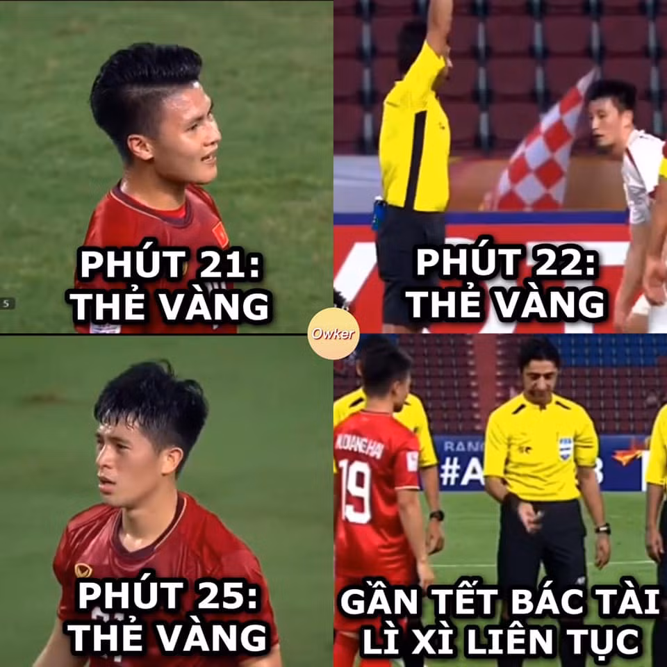 Mặc dù chưa đến Tết nhưng trọng tài người Iraq đã liên tục "lì xì" thẻ vàng cho các cầu thủ U23 Việt Nam. Riêng Trọng Ỉn được ưu ái tặng hẳn 2 thẻ, ra sân nghỉ Tết sớm tại VCK U23 Châu Á 2020.
