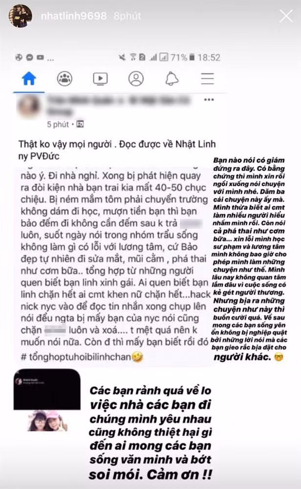 Trong thời gian hẹn hò với Phan Văn Đức, Nhật Linh cũng nhiều lần bị tố phá thai như cơm bữa, lăng nhăng, bùng tiền và phải chuyển trường do bị ném mắm tôm.