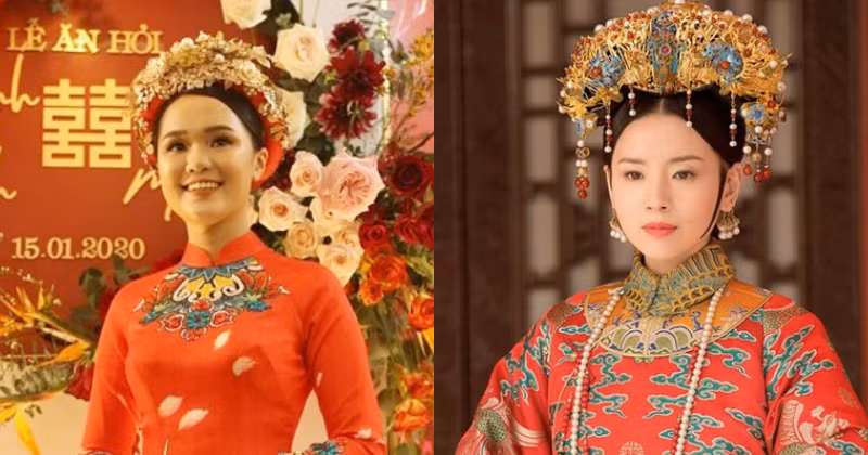 Bên cạnh đó, hai bộ đồ được Quỳnh Anh diện trong đám hỏi cũng khiến nhiều người bật cười vì độ cầu kỳ quá đà. Trông cô nàng chẳng khác gì hoàng hậu trong phim cổ trang Trung Quốc bởi chiếc mấn đính đầy hoa và ngọc.