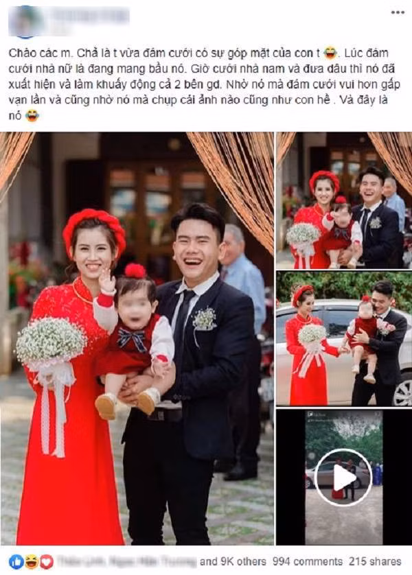 Mới đây, cộng đồng mạng rủ nhau chia sẻ bài đăng về đám cưới của một cặp đôi với sự xuất hiện của vị khách mời đặc biệt là đứa con bé bỏng của hai vợ chồng. Ngoài nhan sắc nổi bật của cô dâu và chú rể, điều khiến cộng đồng mạng đặc biệt quan tâm đó chính là biểu cảm siêu cấp đáng yêu của cô con gái. Bé gái luôn trong trạng thái háo hức, tươi cười rạng rỡ và có hành động vỗ tay như để kêu gọi mọi người chung vui đám cưới cùng gia đình nhỏ của mình.