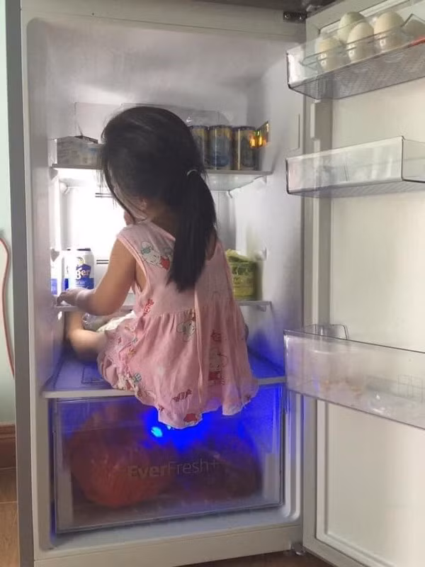 Nhiều người vẫn nghĩ rằng các bé gái thường gắn liền với hình ảnh ngồi ngoan ngoãn chơi đồ hàng nấu ăn, búp bê, gọn gàng và ngăn nắp. Còn cô bé này thì vào hẳn tủ lạnh ngồi