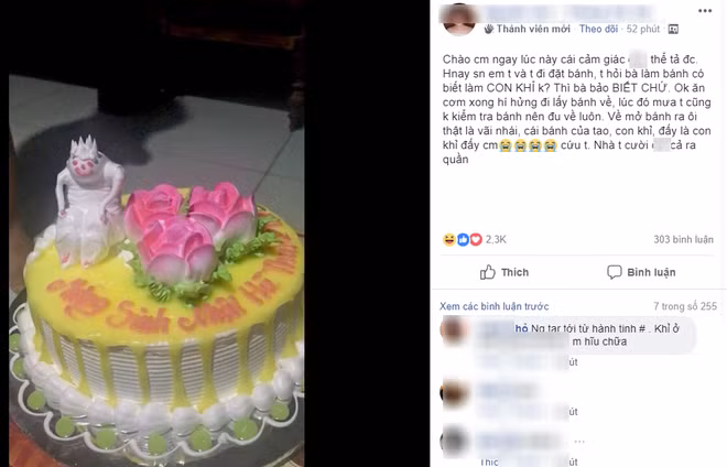 Đặt chiếc bánh kem hình con khỉ nhưng người bán hàng nghe nhầm thành con quỷ.