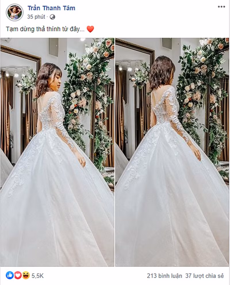 Cách đây không lâu, hot girl "bắp cần bơ" - Trần Thanh Tâm đã bất ngờ đăng ảnh mặc váy cưới lên trang cá nhân khiến cộng đồng mạng không ngừng xôn xao, tò mò.