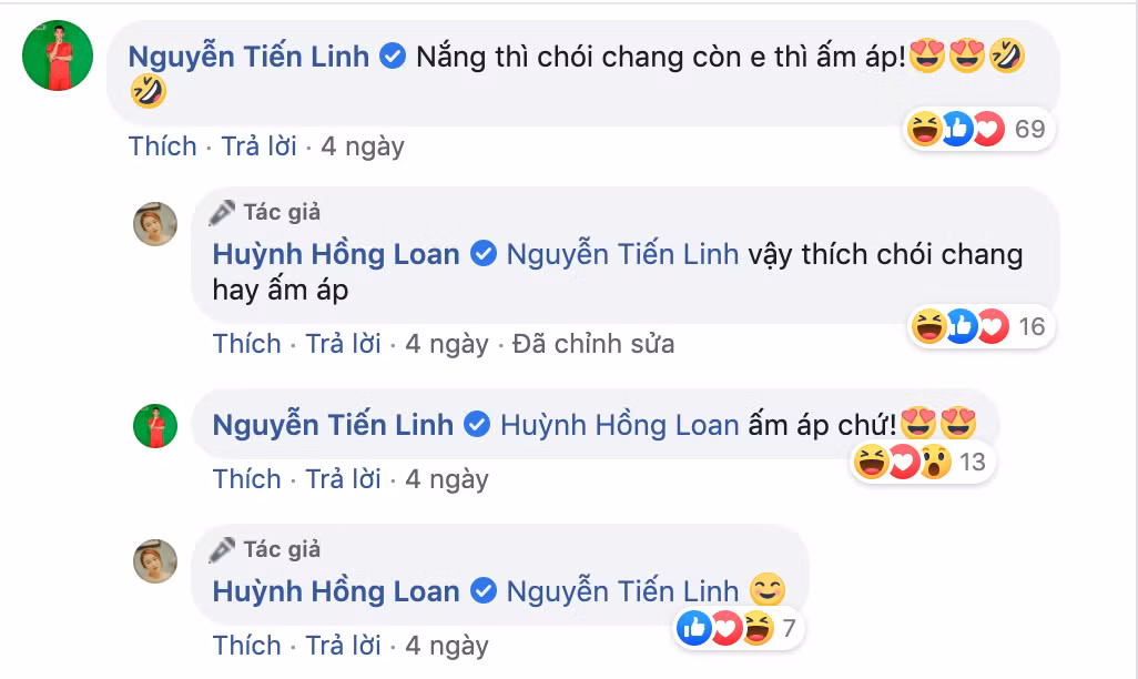 Lướt qua Facebook cá nhân của Huỳnh Hồng Loan, không khó để bắt gặp những bình luận ngập thính của cầu thủ Tiến Linh. Anh chàng không ngần ngại khen cô là người ấm áp.