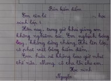 Bản kiểm điểm này thu hút sự chú ý từ CĐM vì sự thật thà, nghiêm túc nhưng lại rất ngây ngô đáng yêu của em học sinh lớp 4.