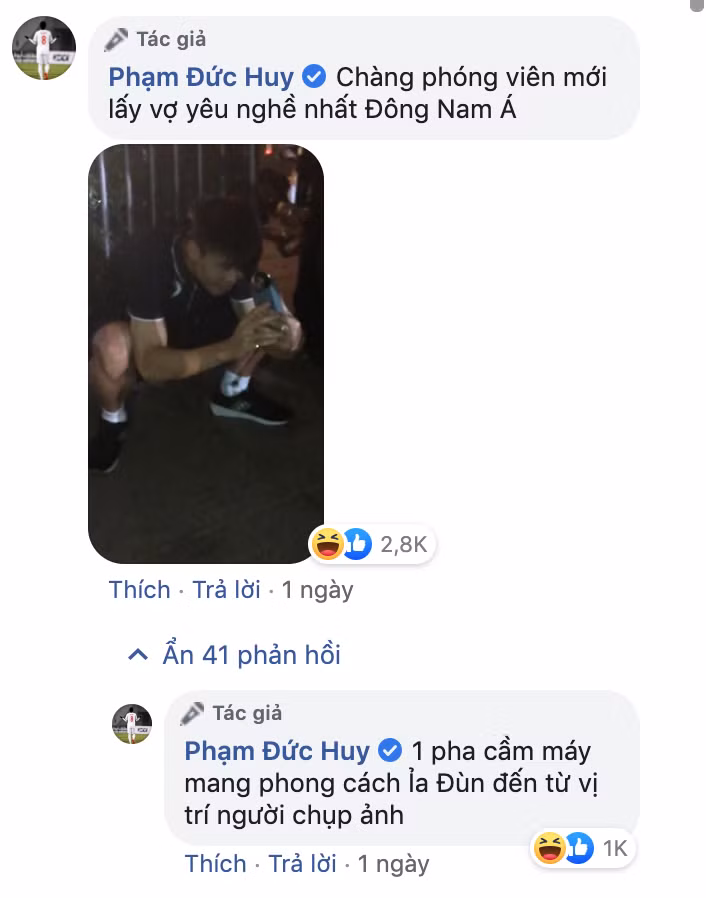 Bên dưới bức ảnh, Đức Huy không quên gửi lời cảm ơn tới người đồng đội có tâm, thế nhưng như mọi khi, không trêu đùa là không chịu được nên anh chàng để lại thêm một dòng bình luận về dáng ngồi chụp ảnh cực khó đỡ của hậu vệ Duy Mạnh.