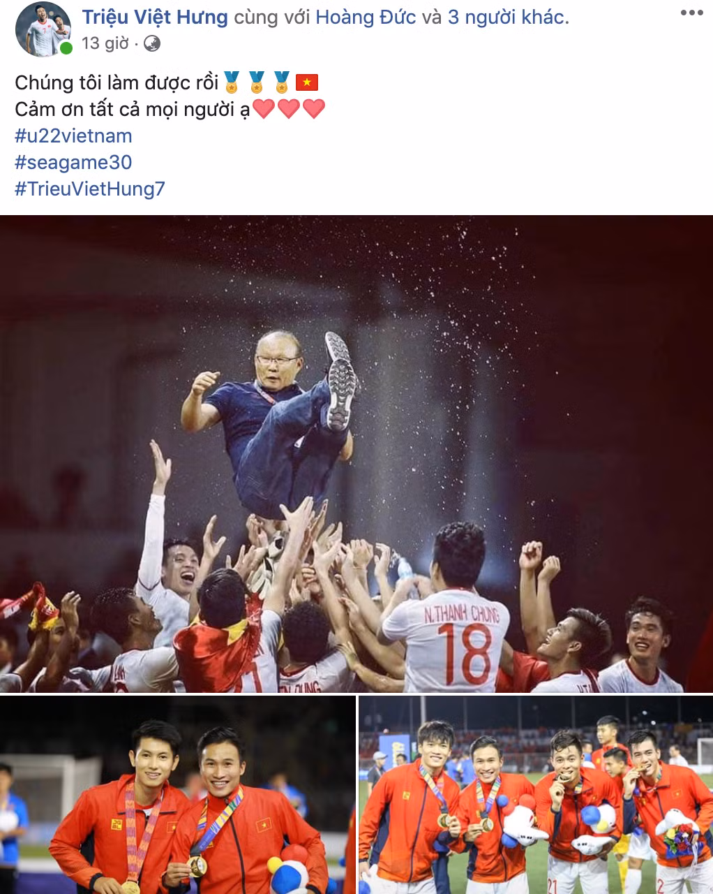 Triệu Việt Hưng gửi lời cảm ơn tới mọi người và thông báo U22 Việt Nam đã thực hiện được ước mơ của người hâm mộ bóng đá sau nhiều năm chờ đợi.