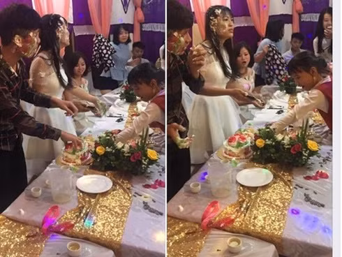 Trước đó, cũng từng có hình ảnh cô dâu bị đám bạn đáp cả chiếc bánh cưới vào mặt vô cùng hài hước.