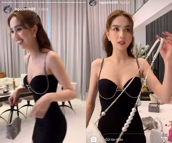 Cơ thể gầy quá mức khiến vòng 1 của "nữ hoàng nội y" Ngọc Trinh dường như biến mất. Trong một chiếc váy màu đen trễ nải, gò hồng đào của cô nàng bị lép, không đủ để "lấp đầy" phần cúp ngực được may sẵn.