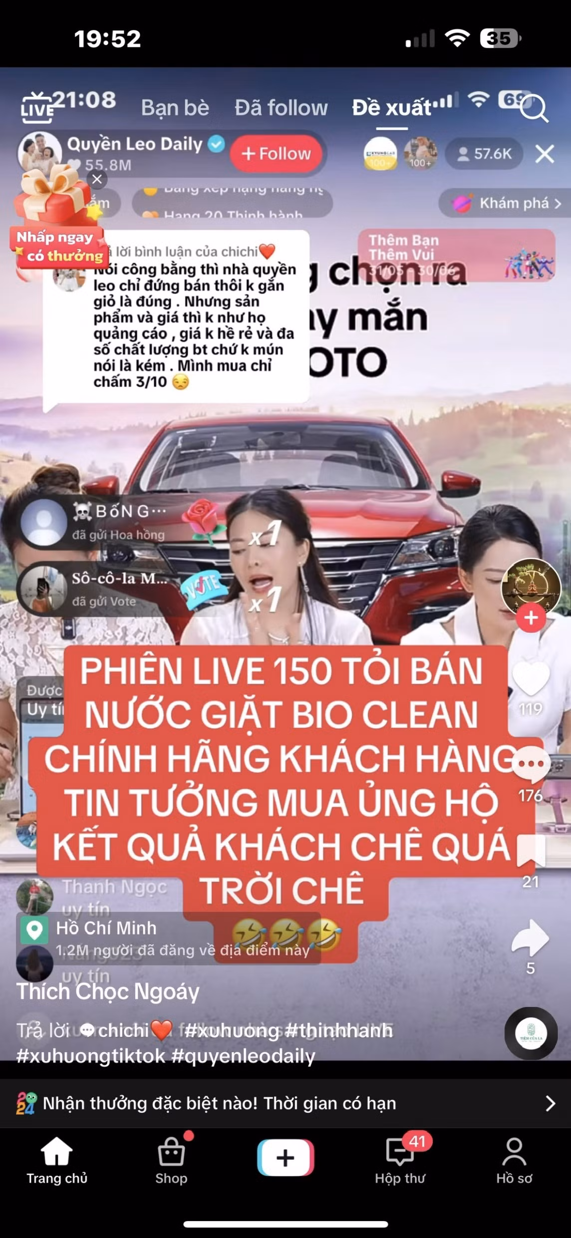 Trước đó, cặp vợ chồng Quyền Leo giới thiệu một dòng nước giặt xả thế hệ mới với deal giá siêu hời. Theo như những lời quảng cáo "có cánh" tại phiên live thì sản phẩm này "sử dụng công nghệ giặt xả châu Âu, lưu hương 120 tiếng đồng hồ, công nghệ nano kháng khuẩn bạc, mùi thơm.. Tuy nhiên với đánh giá của một tài khoản đã mua sản phẩm thì chất lượng nước giặt này rất bình thường và không hề thần thánh như quảng cáo, phần bình luận cũng rất nhiều người đồng tình với tài khoản này.