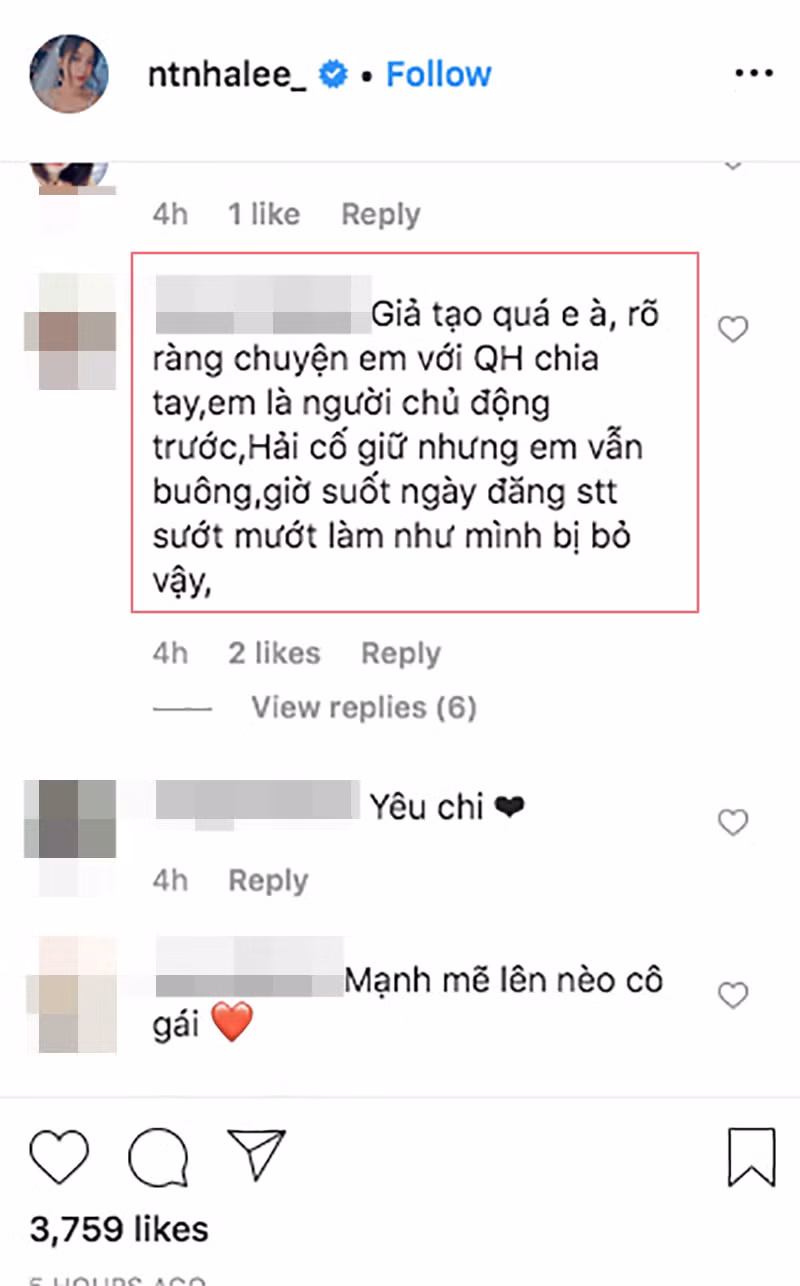 Thế nhưng ở phía dưới phần bình luận, một người đã thẳng thắn chỉ trích Nhật Lê cho rằng cô quá giả tạo, rõ ràng muốn chia tay, Quang Hải níu kéo mà không được giờ lại lên mạng xã hội sướt mướt, kêu khóc suốt ngày.