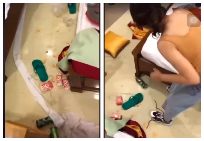 Đồ ăn thừa rồi cả các loại rác bẩn đều được cô vứt xuống gầm giường, gầm tủ, rồi vứt đầy ra cả chăn ga, gối đệm...