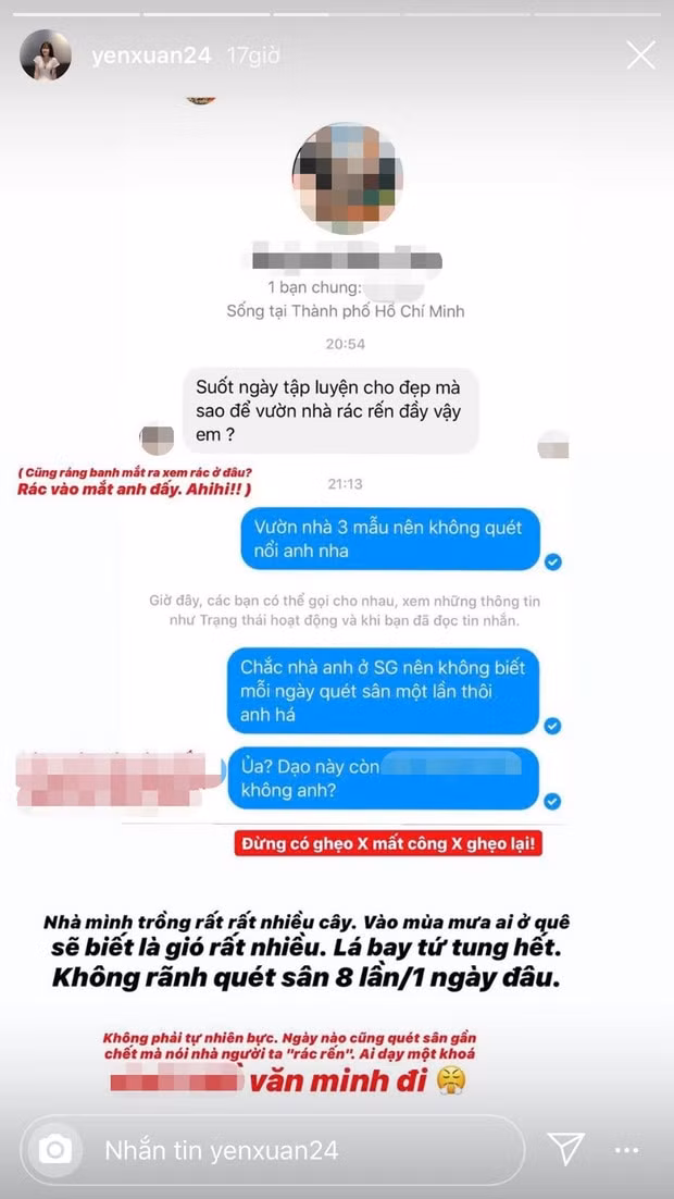 Mới đây, trên Instagram cá nhân, bạn gái của Đặng Văn Lâm cho biết cô nhận được tin nhắn "cà khịa" từ một người lạ. Người này cho rằng cô nàng "ở bẩn" vì sân vườn ngập trong rác mà không chịu quét dọn.