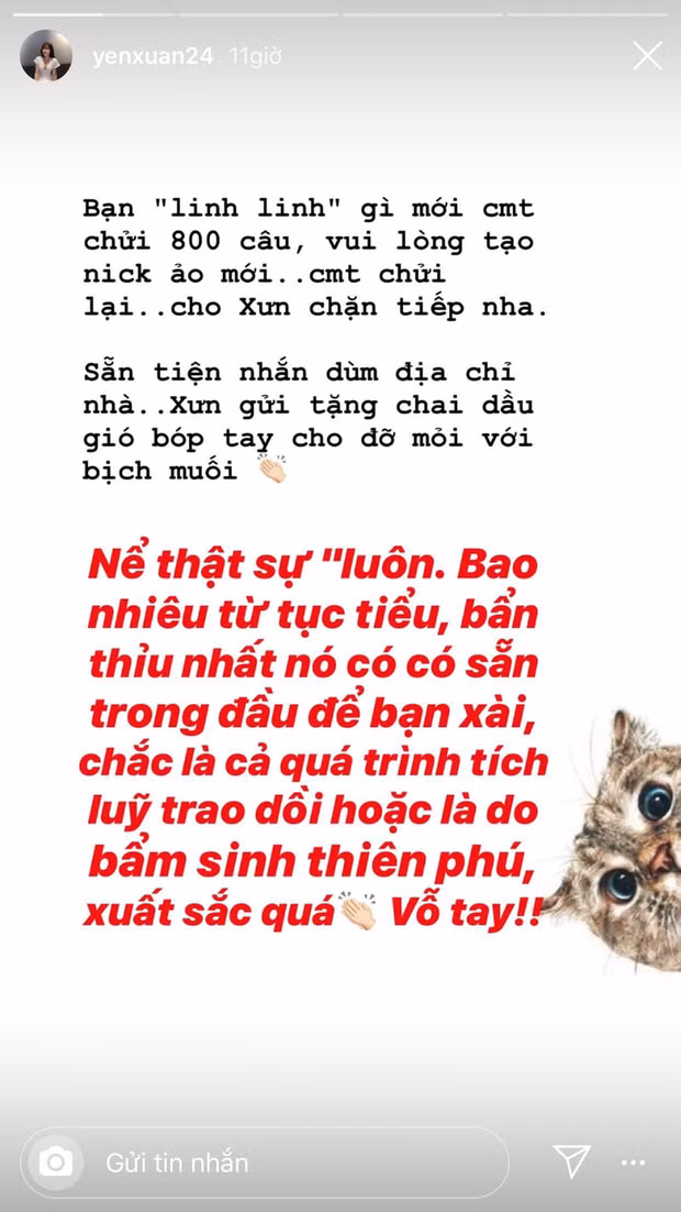Đây không phải lần đầu tiên, Yến Xuân gay gắt đối đáp lại những ý kiến trái chiều của antifan trên mạng xã hội. Thậm chí, cô nàng còn được bình chọn là nàng WAGs gắt nhất trong đội hình tuyển Việt Nam.