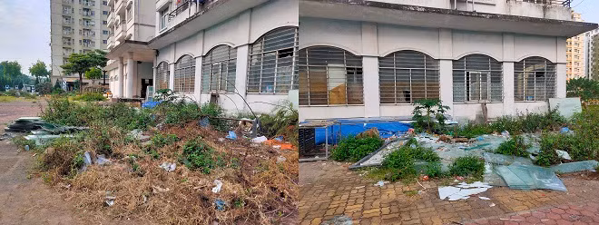 Rác thải xây dựng nằm ngổn ngang trong khuôn viên chung cư tái định cư Khu đô thị mới Sài Đồng. 