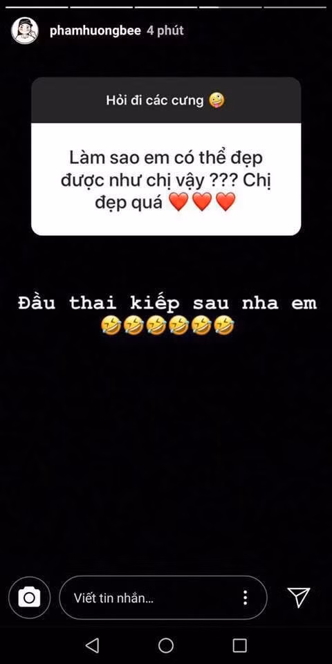 Theo đó, trong lần giao lưu với fan qua một ứng dụng trên trang Instagram, nàng Hậu gây ra một làn sóng chỉ trích trong cộng đồng mạng với câu trả lời “Đầu thai kiếp sau nha em" khi được một người hâm mộ hỏi về bí quyết làm đẹp. Dù không lên tiếng sau những chỉ trích nhưng đây được xem là lần "vạ miệng" nhớ đời của người đẹp gốc Hải Phòng.