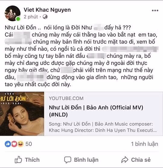 Khắc Việt khiến dân tình sốc khi đăng status chửi bới thô tục những người công kích em trai mình - nhạc sĩ Khắc Hưng xung quanh tiêu đề ca khúc "Như lời đồn". Sao Việt này còn dọa "bắn nát đầu" những người đã cố tình bắt nạt Khắc Hưng và khẳng định sẽ bảo vệ em trai đến cùng. 